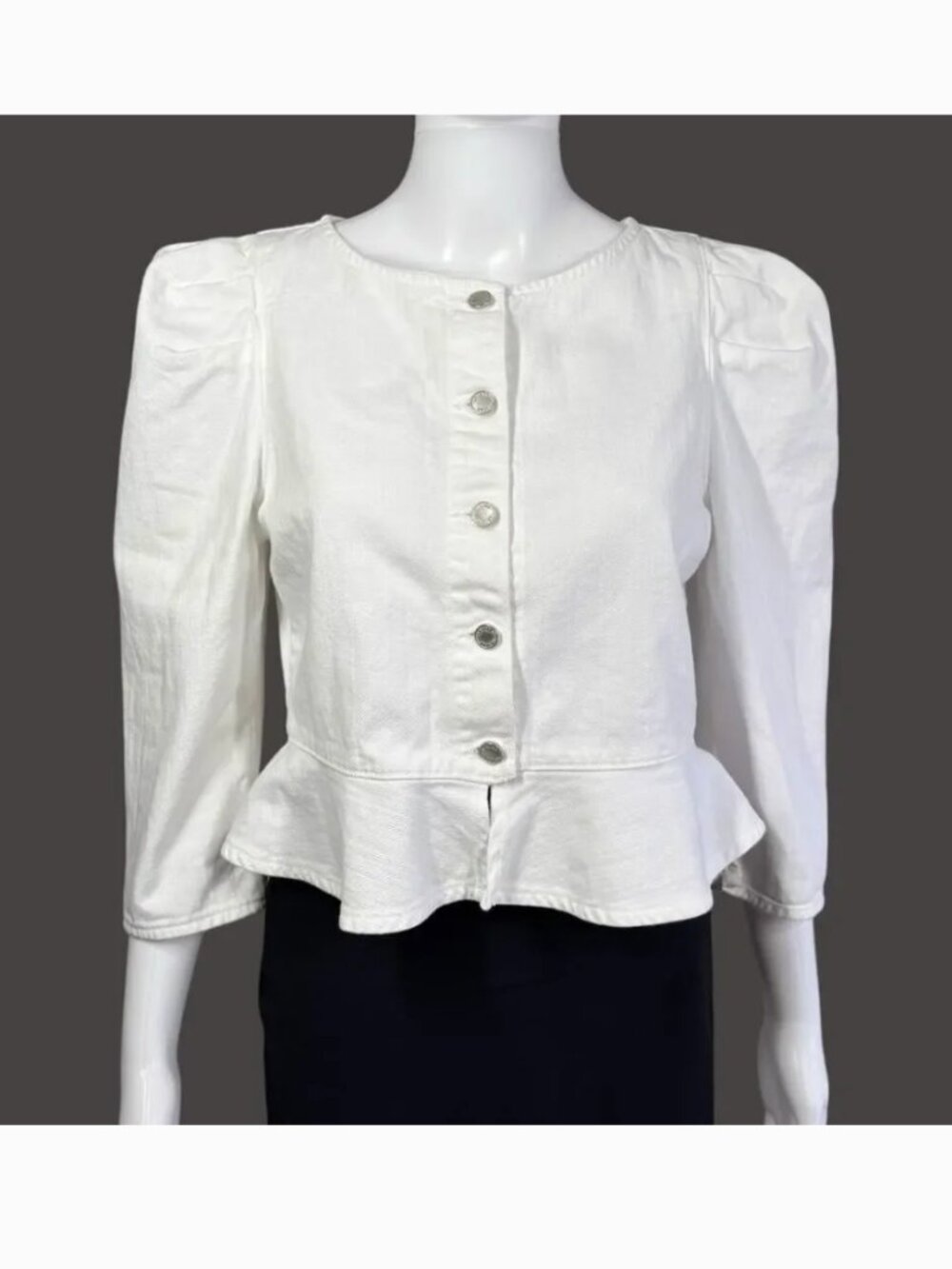 Le Jean by Charlie Gay White Puff Sleeve Peplum Jacket Small